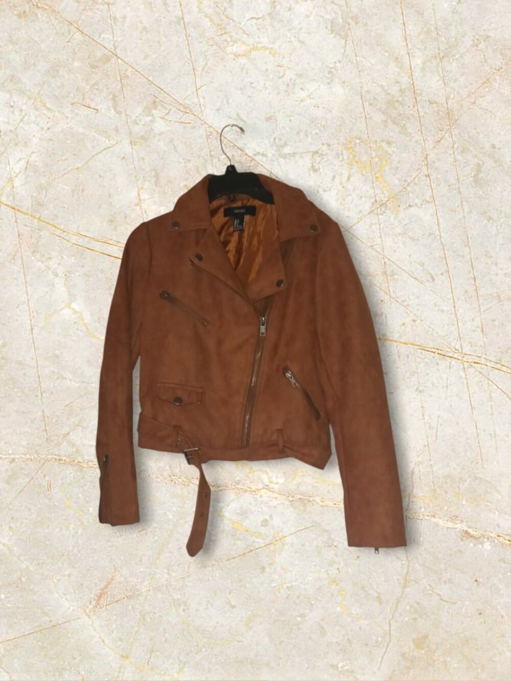 Forever 21 Faux Suede Moto Jacket Brown Zip Front Biker Jacket Size S